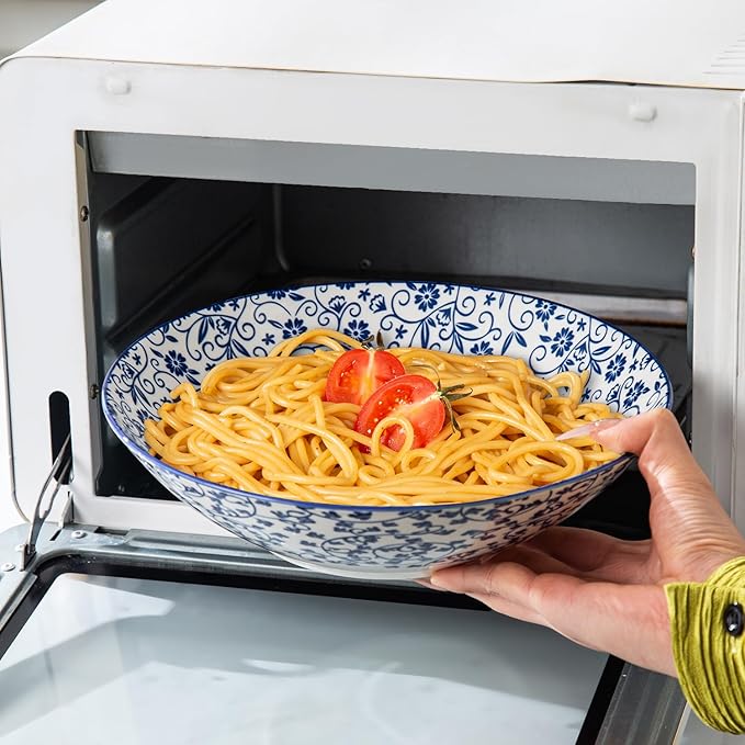 Ceramic Pasta Bowls Set - 40 Oz Porcelain Large Salad Bowls Serving - 9 Inch Wide Shallow Plate Bowls for Eating - Housewarming Wedding Gift - Oven Dishwasher Safe - Set of 4 - Vintage Blue
