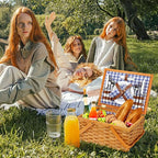 Picnic Basket Set for 4 Persons, Woven Woodchip Basket with Folding Handles & Lid, Blue and White Gingham Lining Basket Set with Utensils Cutlery - Perfect for Picnic, Camping, Valentine Day, Outdoor