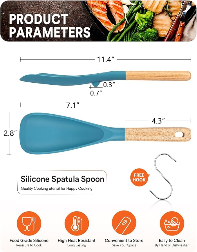 Cooking Spoon for Nonstick Cookwares, Great for Cooking and Serving Sturdy BPA-Free Matte Silicone, Wood Handle Spoon for Mixing, Scoop, and Scrape (TURQ)