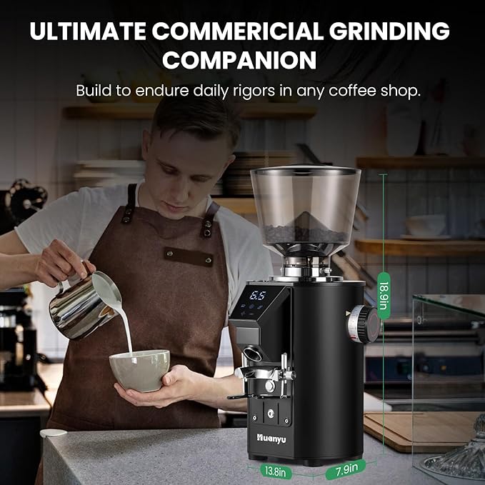 Huanyu Commercial Coffee Grinder - Touchscreen Control, 8 Grind Settings, 64mm Flat Burr, Dual Dosing Modes for Coffee Shops