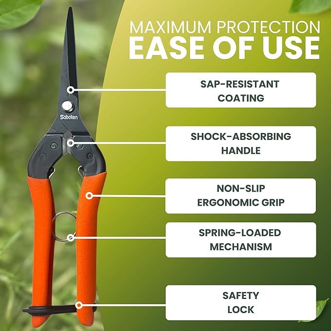 Saboten 7.9" Professional Japanese Harvesting Shears – Straight Blade, Stainless Steel with Fluorine Coating, Spring-Loaded, Ergonomic Grip – forest Originals, Made in Japan