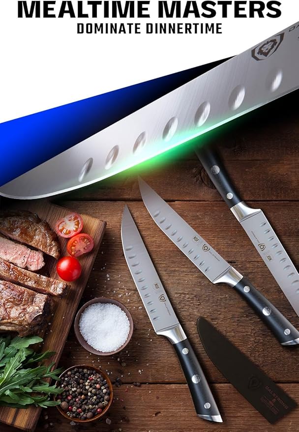Dalstrong Steak Knives-4pc- Serrated Blade-Gladiator Series Elite-Forged German High-Carbon Steel-Table Dinner Kitchen Knives-Sheaths-Razor Sharp - Dinner Set-NSF Certified
