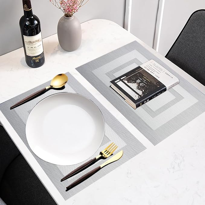 PIGCHCY Placemats - Heat Resistant, Washable Woven Table Mats - Durable Vinyl - Set of 4 (Silver Black)