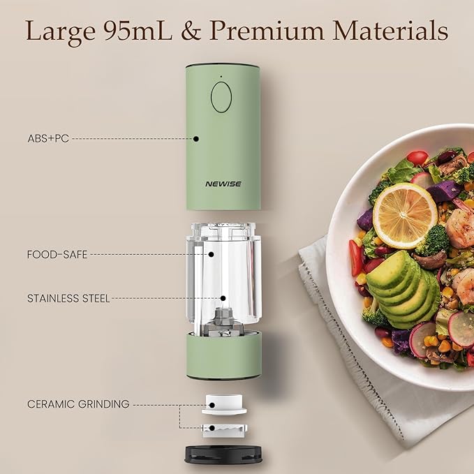 Electric Salt and Pepper Grinder Set Rechargeable with LED Lights, Automatic Pepper & Salt Mill, Adjustable Coarseness, Large Capacity, Green