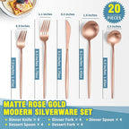 Lemeya Matte Rose Gold Silverware Set for 4,Modern Stainless Steel Brushed Cutlery Set,20-Pieces Heavy Duty Flatware Set,Knives Spoons and Forks Set Utensils Set, Satin Finish, Dishwasher Safe