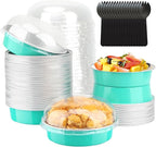 LNYZQUS 4 Inch Mini Cake Pans with Lids 50 Pack, Disposable Small Pie Tins Mini Tart Creme Brulee Ramekin Contaniers,8oz Aluminum Foil Baking Pans Jumbo Muffin Cups Holders-Cyan Blue