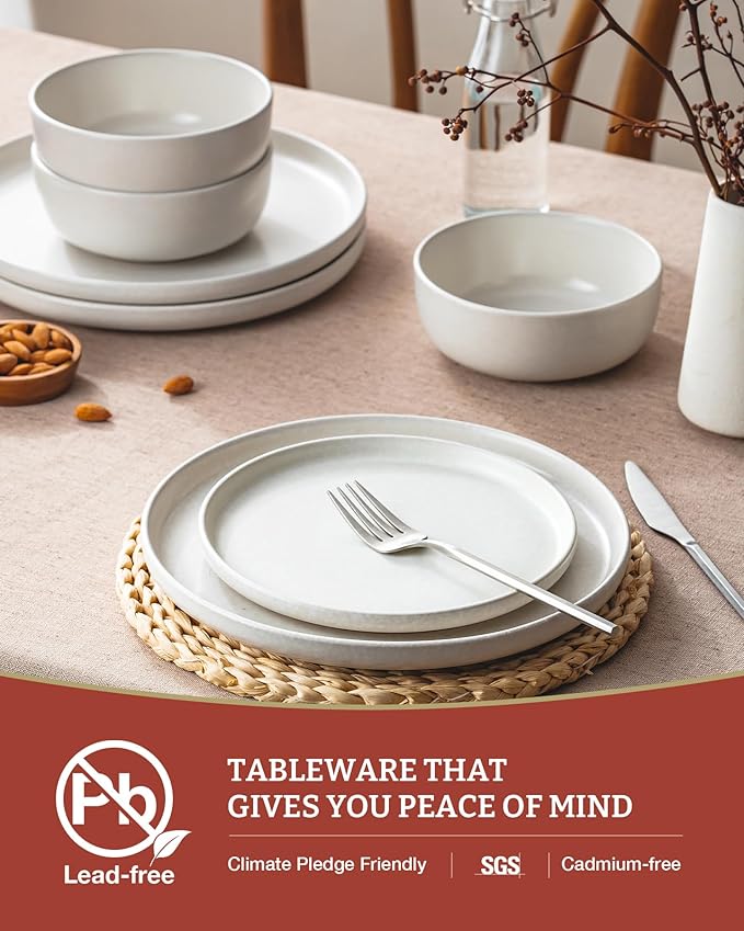 Famiware Milkyway Plates and Bowls Sets, 12 Pieces Dinnerware Sets, Reactive Glaze Dish Set, Stoneware Dishes Set for 4, Matte White