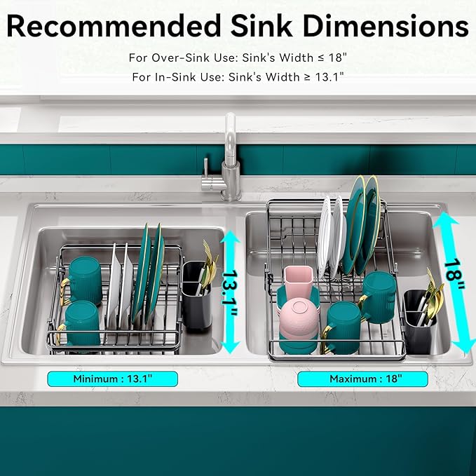 Expandable in Sink Dish Drying Rack - Adjustable Dish Rack in Sink, Rustproof Dish Drainer for Kitchen Counter, Dish Strainer with Utensil Holder, Sink Rack Fit for 13"-18" Kitchen Sink
