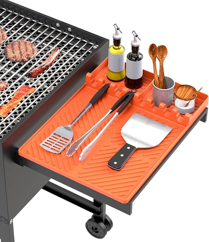 Silicone Grill Mat Compatible with Blackstone, BBQ Griddle Tools Mat with Drip Pad, Spatula Mat for Outdoor Kitchen Counter, Gifts for Men (Orange)