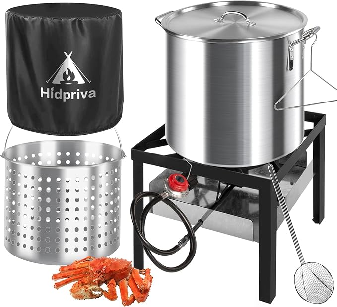60QT Crawfish Boiler Kit, Waterproof Cover & 12-inch Skimmer, 110,000BTU Propane Burner Stove, 0-20PSIG Regulator, Aluminum Seafood Boil Pot, Crab Boil Pot with Basket