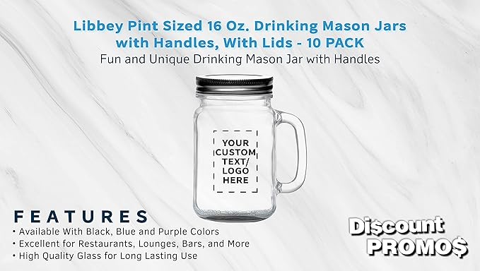 DISCOUNT PROMOS Custom Libbey Handle Mason Jars w/Lids 16 oz. Set of 10, Personalized Bulk Pack - Traditional style, High standard - Black