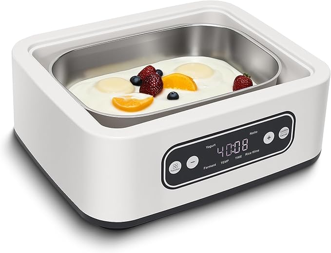 1.7-Quart Yogurt Maker with Adjust Temp(21°C-48°C/70°F-118°F) & Time(1-99h),110V-240V Auto-adaptive,Steel Inner Pot,BPA-free,Celsius Increment,Real-Time Countdown LED Display (Without GLass Jars)