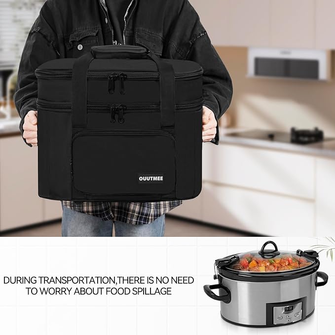 Slow Cooker Travel Bag, Double Layers Insulated Slow Cooker Carrier, Compatible with 6-8 Quart Crock Pot, Travel Carrier with Easy to Clean Lining and Large Pocket for Accessories