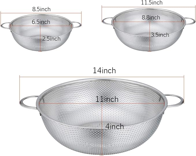 P&P CHEF Colander Set of 3, Stainless Steel Micro-Perforated Colanders Strainers for Draining Rinsing Washing, Ideal for Pasta Vegetables Fruits, Heavy Duty & Dishwasher Safe - 1/3/5 Quart