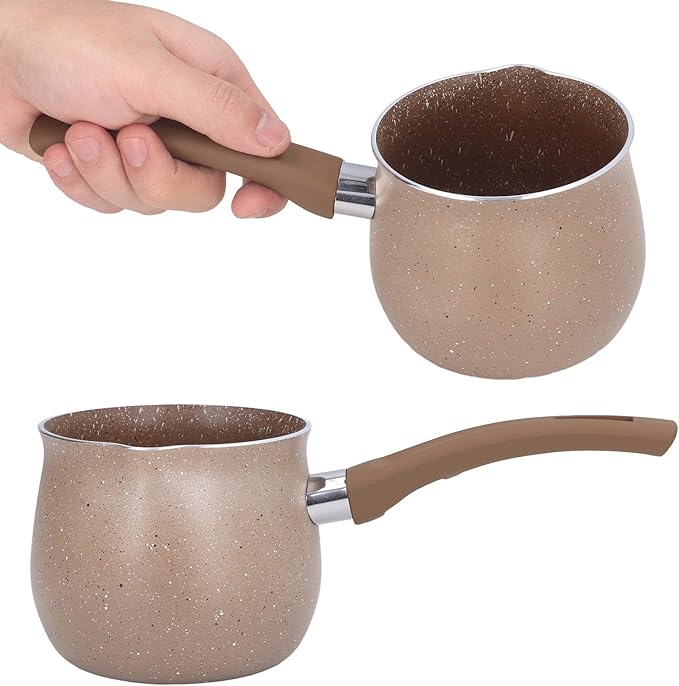 Nonstick Milk Pan, 10cm Dia Aluminum Alloy Sauce Pan with Single Handle Enameled Inside Coating for Coffee Butter Chocolate (Coffee)