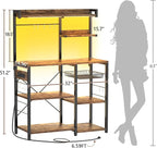 Aheaplus Bakers Rack with Power Outlet and LED Light Strings, Microwave Oven Stand Kitchen Storage Shelf with Wire Basket, Coffee Bar Station Island Table with 10 Hooks for Spices, Pots, Rustic Brown