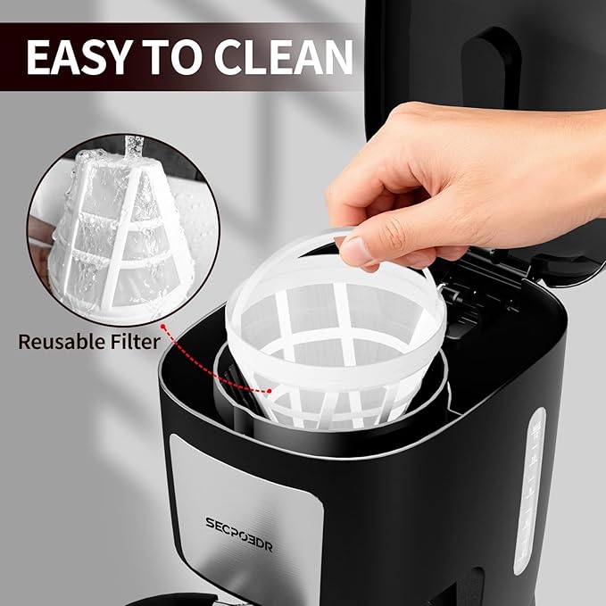 12-Cup Drip Coffee Maker with Reusable Filter,Programmable Clock,Auto Brew,Water Window,Keep Hot Plate,Glass Carafe,Compact Design for Kitchen,Office,Silver and Black,Stainless Steel