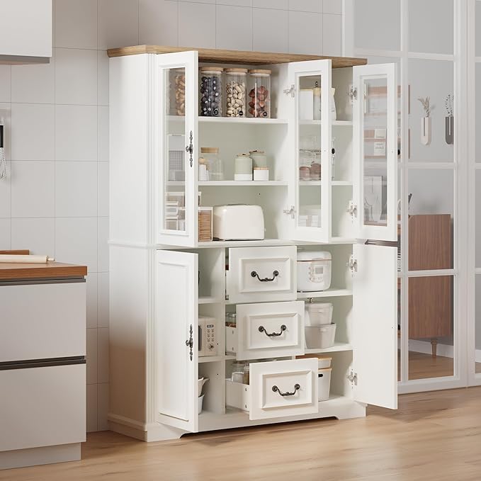 YITAHOME 71" H x 47" W Kitchen Pantry with 3 Drawers, Large Storage Cabinet with 3 Glass Doors & Adjustable Shelves, Freestanding Tall Display China Cabinet for Living & Dining Room, White