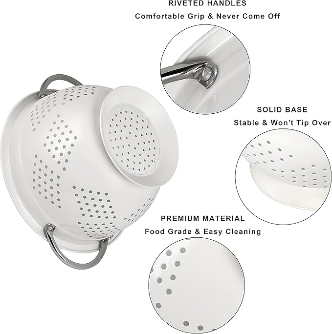 Hillbond Colander Set for Kitchen, 1.5, 3, 5 Qt Stainless Steel Handle Food Strainers and Colanders for Pasta, Vegetables, and Fruits, Coated Metal Kitchen Essential Colanders