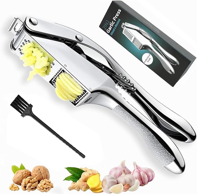 Garlic Press and Slicer 2 in 1, Rust Proof & Dishwasher Safe Professional Garlic Mincer Tool, Effortlessly Crush and Mince Garlic with this Ergonomic Handle-Garlic Slicer & Brush ANCQMI(Silver)