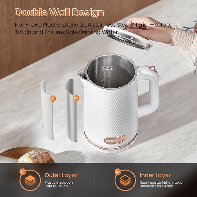 OLEGA Electric Kettle - 1500W Electric Tea Kettle 1.8L Stainless Steel Inner Electric Kettles for Boiling Water Auto Shut Off Boil-Dry Protection Electric Water Kettle for Coffee Tea White