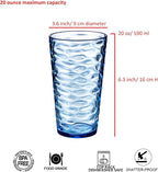 20-ounce Plastic Tumblers, Acrylic Drinking Glasses High-Balls, set of 6 Blue Reusable Plastic Cups, Stackable, BPA-Free, Shatter-Proof, Dishwasher-Safe