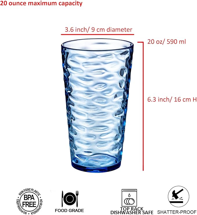 20-ounce Plastic Tumblers, Acrylic Drinking Glasses High-Balls, set of 6 Blue Reusable Plastic Cups, Stackable, BPA-Free, Shatter-Proof, Dishwasher-Safe