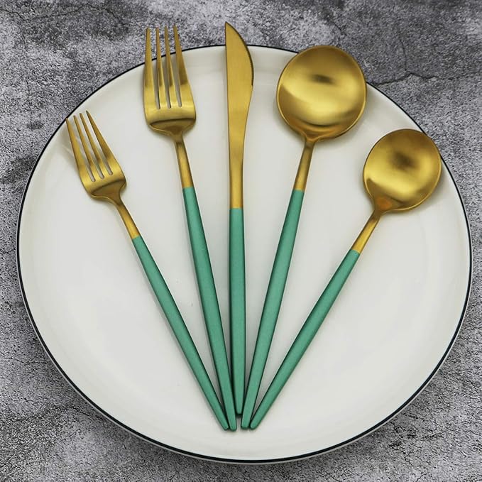 Green Handle Matte Gold Silverware, Gugrida 5-Piece 18/10 Stainless Steel Flatware Set, Kitchen Utensils, Tableware Travel Cutlery for Camping Office Lunch, Satin Finish, Dishwasher Safe