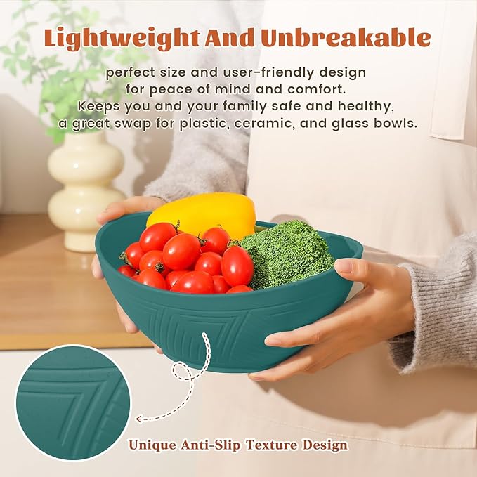 Homienly Salad Bowls 6 PCS Wheat Straw Bowls - 60oz Large Serving Bowl - Microwave and Dishwasher Safe Cereal Bowl Big Soup Bowl for Kitchen, Camping, Picnic, Party, Popcorn Bowl Set - Green