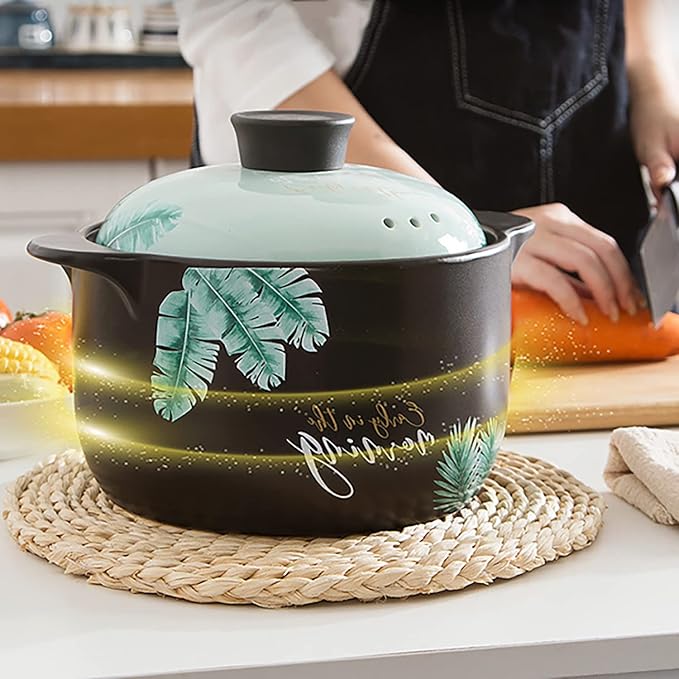 Ceramic Pot Clay Pot For Cooking Casserole Dish, 6L, Black, Earthenware, Ceramic, Round, With Lid