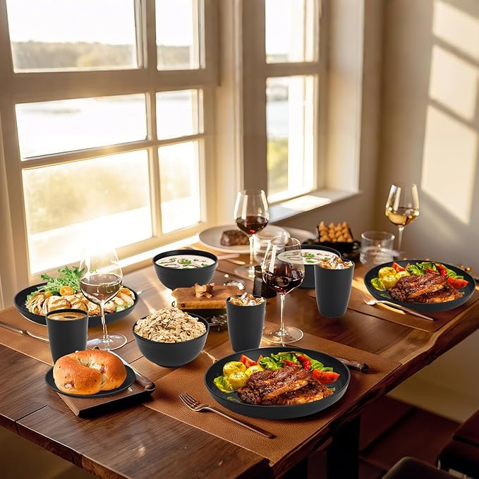 Homienly Wheat Straw Plates and Bowls Sets, Dishes Set for 8, Wheat Straw Dinnerware Set for Kitchen 32-Piece - Deep Plates Sets, Cereal Bowls with Drinking Cups, Microwave and Dishwasher Safe, Black