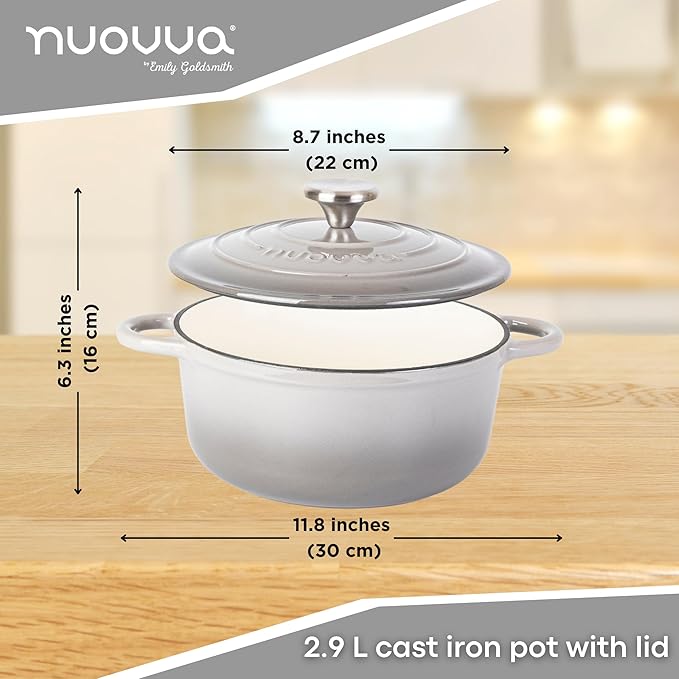 Cast Iron Dutch Oven with Lid – Non-Stick Ovenproof Enamelled Casserole Pot – Sturdy Dutch Oven Cookware – Grey, 3.1-Quart, 22cm – by Nuovva