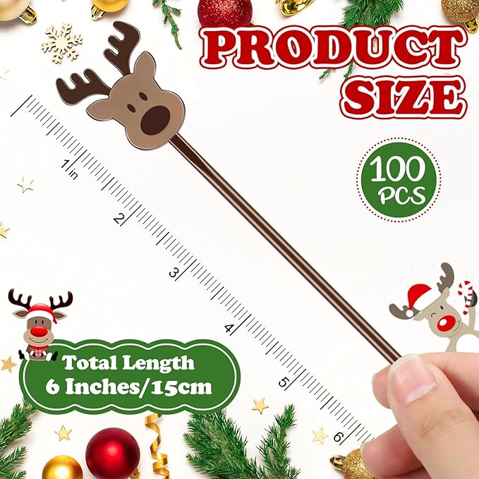 Chengu 100 Pcs Christmas Drink Stirrers Xmas Stir Sticks Bulk Holiday Coffee Stirrers Plastic Swizzle Stick Hot Cocoa Bar Supplies Chocolate Decoration Reusable Cocktail Mixer(Reindeer)