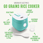 GreenLife Digital Rice Cooker, 2-Cups Uncooked/4-Cups Cooked, Removable Nonstick Ceramic PFAS-Free Pot, One-Touch Presets, Oats, Quinoa, Brown Rice, Auto Keep Warm, Fuzzy Logic Tech, 1.5 QT, Turquoise