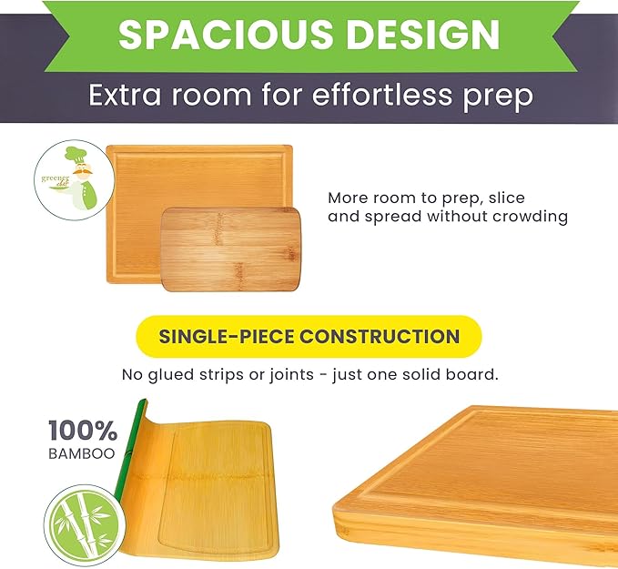 20 Inch Bamboo Wood Cutting Board Featuring Super-Sized Glue-Free Surface™ – Heavy Duty Butcher Block for Safe Meal Prep, Chopping & Carving with Lifetime Replacements - Rectangle