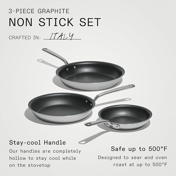 Made In Cookware - ProCoat Non Stick 3 Piece Frying Pan Set (Includes 8",10",12") - 5 Ply Stainless Clad - Professional Cookware - Crafted in Italy - Induction Compatible - (Graphite)