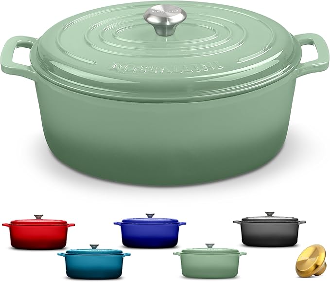 Signature Enameled Cast Iron Oval Dutch Oven | Non-Stick Serving Pot with Tight Fitting Lid for Perfect Roasting, Baking, Sauteing, and Bread Making | 8Q [Sage]