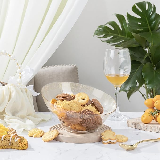 bUCLA 12 Pack Gold Glitter Plastic Serving Bowls - 20 OZ Disposable Snack, Fruit, Chip, Candy Angled Serving Bowls for Party