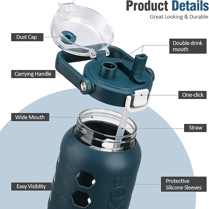 MUKOKO Half Gallon/64 oz Glass Water Bottles with Straw and Lid,Motivational Water Jug with Time Marker Reminder and Silicone Sleeve,100% Leakproof BPA Free Fitness Sports Large Bottle-Blue