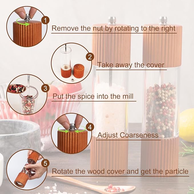 Wooden Salt and Pepper Grinder Set, 8 Inch Manual Salt and Pepper Mills, Premium Acrylic Salt and Pepper Shakers with Adjustable Ceramic Core, Refillable Shakers for Kitchen(2 Pack)