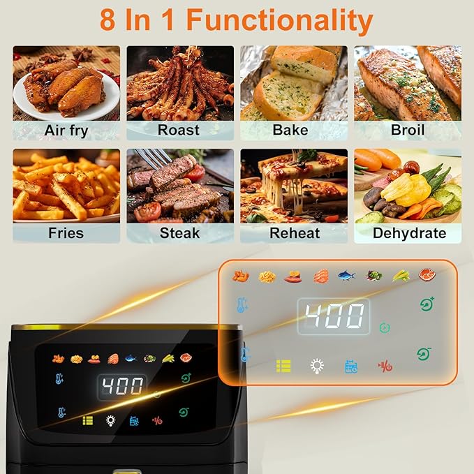 Air Fryer, 8.5Qt Large Family Size, 8-in-1 Function Digital Touch Screen, Easy Viewing Windows, 1750W Fast Air Frying up to 400℉, Auto Shut Off, Nonstick and Dishwasher-Safe Basket