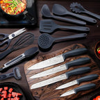 RAXCO Cooking Utensils Set,18-Piece Damascus Texture Knifes and Kitchen Gadgets,Integrated Storage,Grey