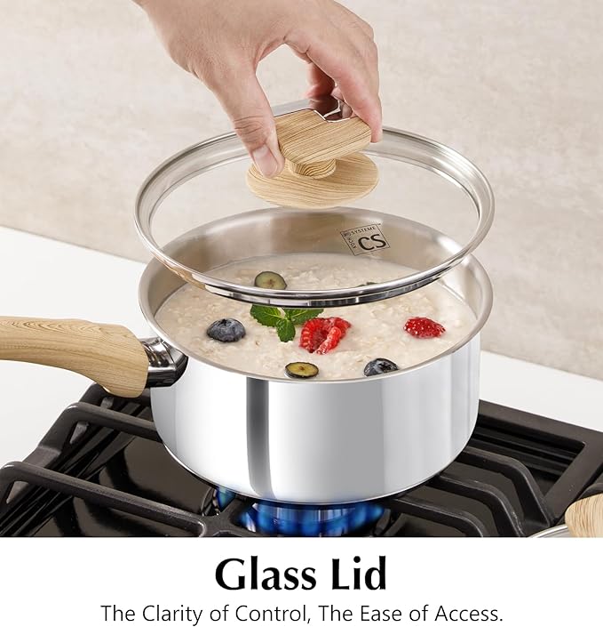 KOCH SYSTEME CS Stainless Steel Saucepan Set, 6 Piece 18/10 Stainless Steel Pots with Lids 1QT 2QT 3QT, Stay Cool Handles, 5 Layer Steel Base Heavy Duty Suce Pan Set, Induction Compatible