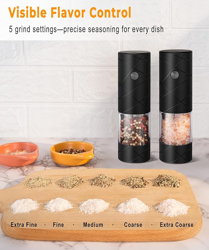 Rechargeable Electric Salt and Pepper Grinder Set - Extra Large Capacity - Automatic Black Peppercorn & Sea Salt Mill Grinders Set with Adjustable Coarseness & LED Light