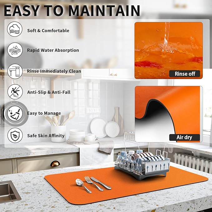 Dish Drying Mat for Kitchen Counter, Heat Resistant Drainer Mats with Non-slip Rubber Backed, Hide Stain Kitchen Super Absorbent Draining Mat, Easy to Clean Dish Rack Pad, Orange 18"x28"