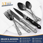 EUIRIO 53-Piece Black Silverware Set with Serving Utensils, Black Flatware Set for 8, Stainless Steel Mirror Cutlery Set, Spoons Forks Knives with Unique Floral Laser, Tableware Set, Dishwasher Safe