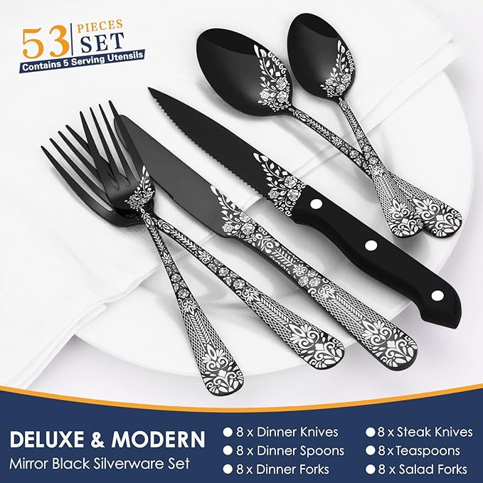 EUIRIO 53-Piece Black Silverware Set with Serving Utensils, Black Flatware Set for 8, Stainless Steel Mirror Cutlery Set, Spoons Forks Knives with Unique Floral Laser, Tableware Set, Dishwasher Safe
