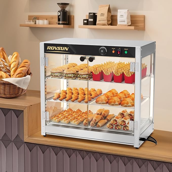 ROVSUN 3-Tier Commercial Food Warmer, 27" Pizza Warmer Food Warmer Display with LED Adjustable Lighting Glass Door Removable Shelves, Countertop Electric Food Warmer for Buffet Restaurant 110V 800W