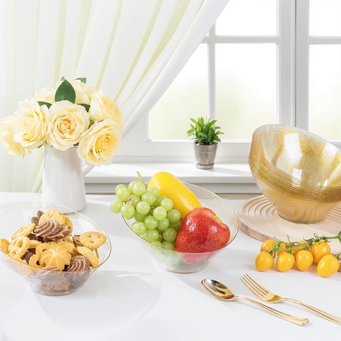 bUCLA 12 Pack Gold Glitter Plastic Serving Bowls - 20 OZ Disposable Snack, Fruit, Chip, Candy Angled Serving Bowls for Party