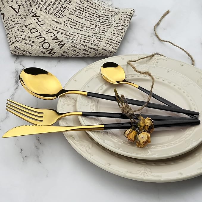 36-Pieces Silverware Mirror Polished Dinnerware Gold Flatware With Black Handle, 18/0 Stainless Steel Cutlery Set For Home Kitchen Party Hotel Restaurant Wedding Service for 6